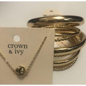 766 Crown & Ivy / New directions goldtone 9pc bangle lot & kont necklace new